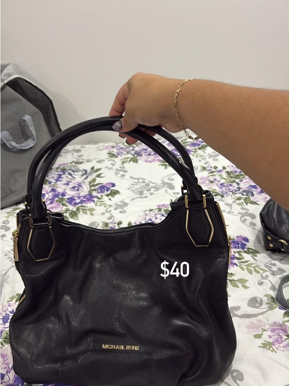 Michael Kors Black Leather Shoulder Bag with Gold Accents